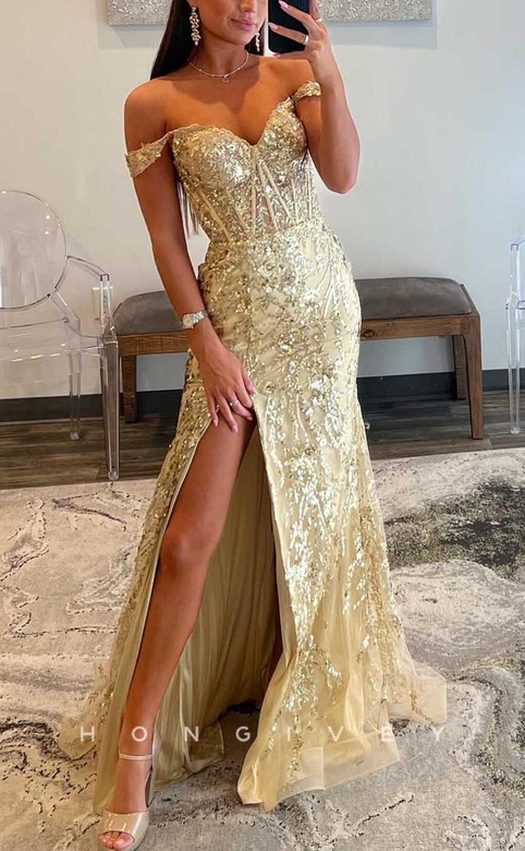 Sexy Tulle A-Line Off-Shoulder Illusion Sequined Side Slit Gown