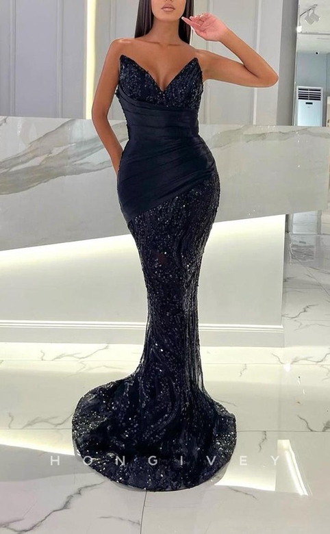 Sexy Satin Trumpet V-Neck Strapless Beaded Sequined Party Gown