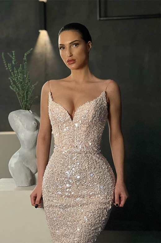 Gorgeous Spaghetti-Straps Sequins Long Mermaid Evening Dress on Sale