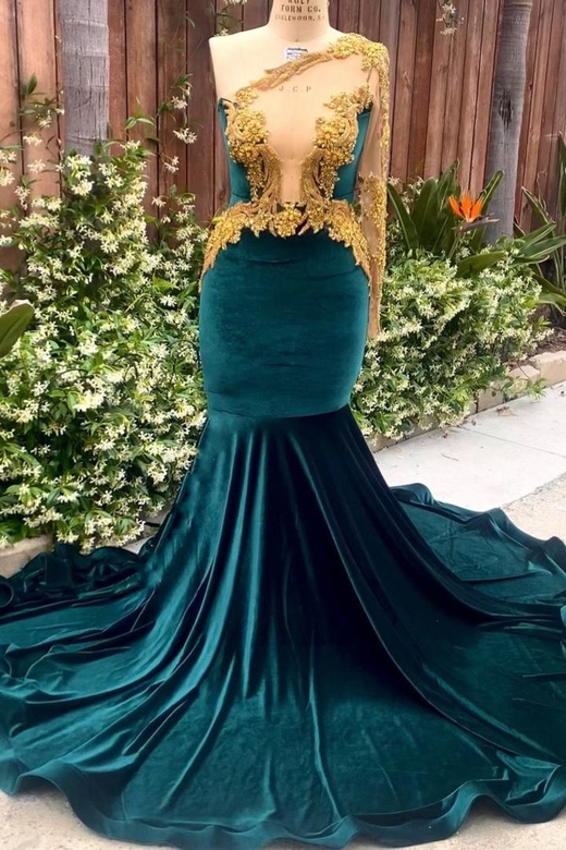 Designer Dark Green Velvet One Shoulder Long Mermaid Prom Dress with Gold Appliques