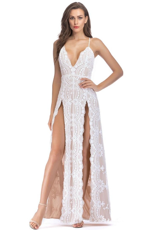 Sexy White Scalloped Deep V High Split Lace Maxi