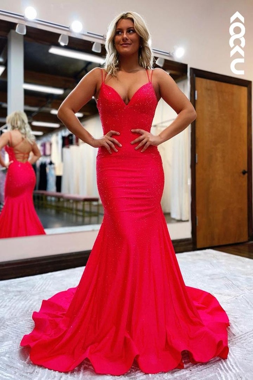 Red V-Neck Criss-Cross Straps Mermaid Long Evening Prom Dress