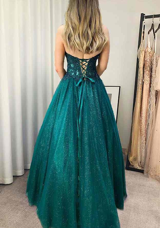 A-Line Sweetheart Strapless Glitter Appliqued Tulle Prom Dress