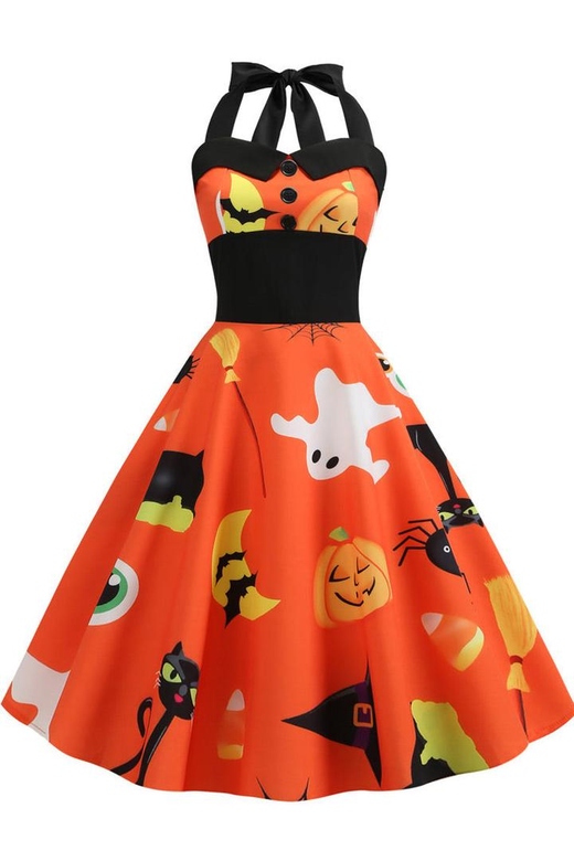 Halloween Halter Sleeveless Printed Dress for Festive Nights