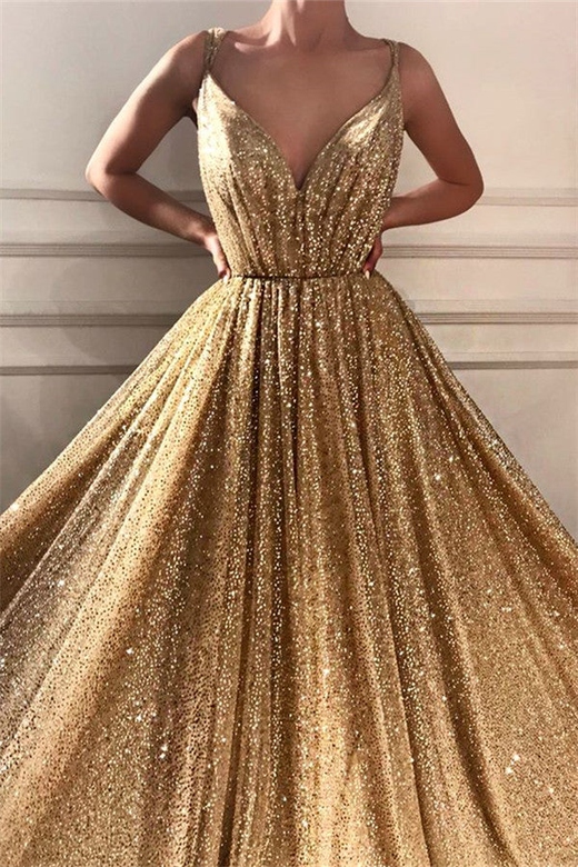 Gold Sequins V-Neck Sleeveless Long Prom Dress