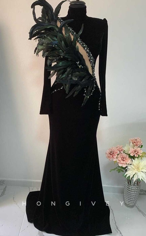 Sexy Satin Trumpet High Neck Long Sleeve Beaded Feathers Prom Gown