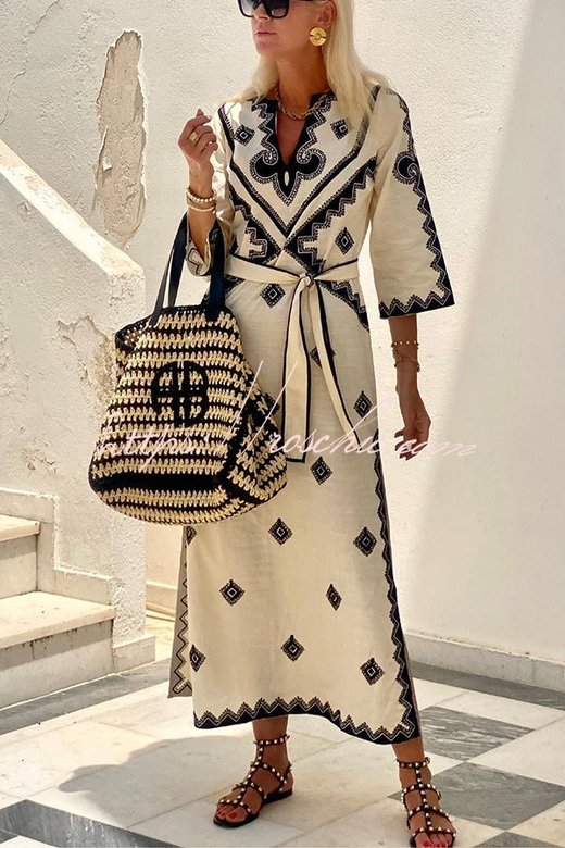 Quiet Atmosphere Ethnic Print Belted Midi Dress