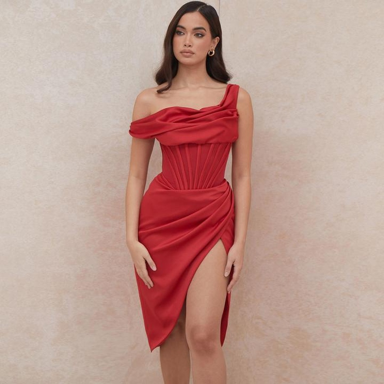 Sexy Cowl Neck One-Shoulder Corset Satin Cocktail Midi Dress in Red