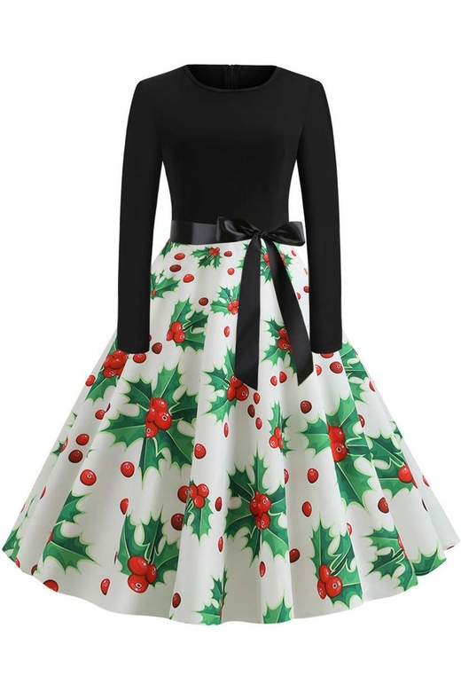 Christmas Printed Belt A-Line Vintage Dress for Festive Elegance