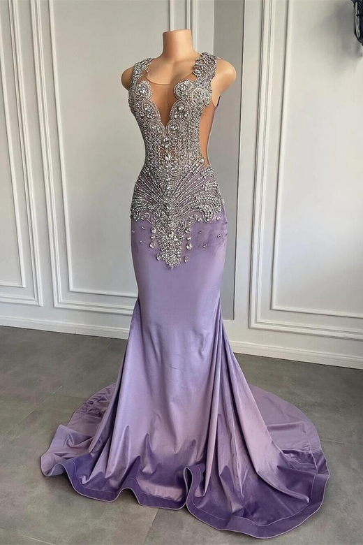 Lilac Scoop Neck Sleeveless Crystal Beaded Mermaid Dress