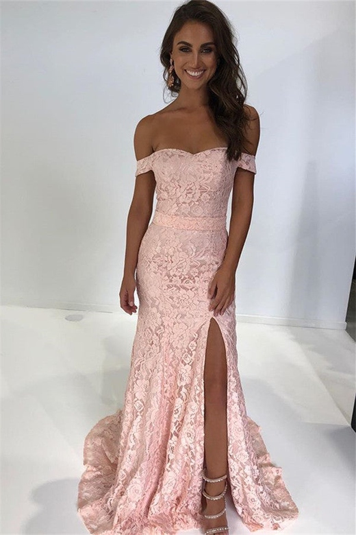 Pink Off-the-Shoulder Lace Slit Mermaid Prom Dress