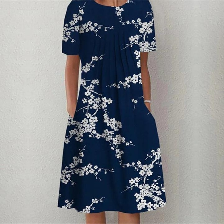 Unique Dark Blue Floral Print Midi Dress for Standout Style