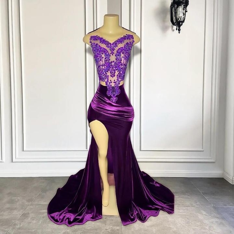 Purple Sleeveless Split Appliqued Mermaid Prom Dress