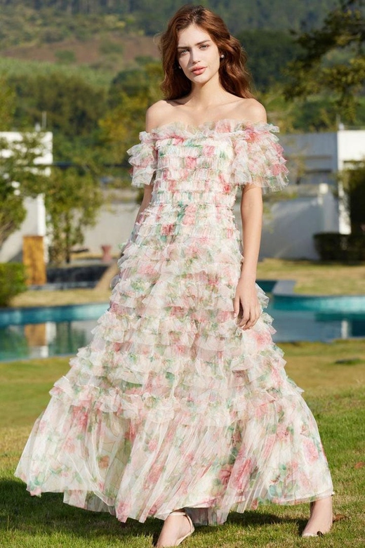 Apricot Romantic Ruffle Off Shoulder Floral Printed Tulle