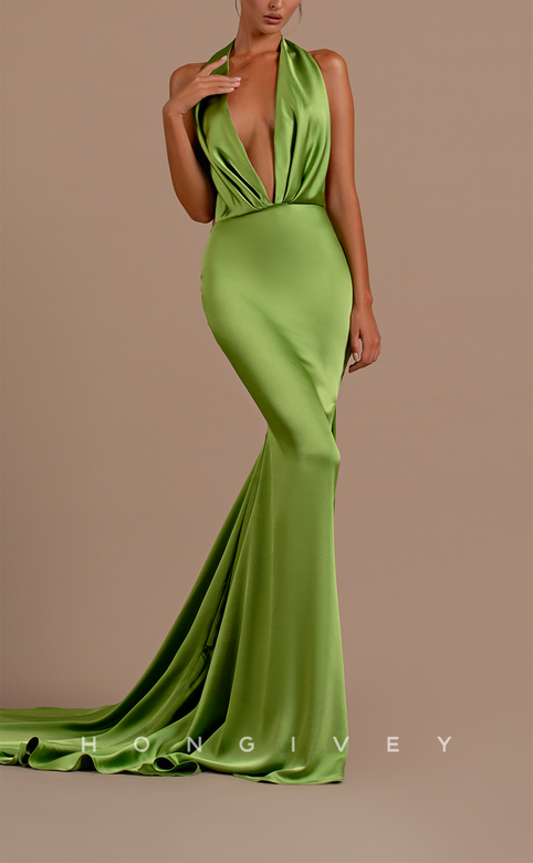 Trumpet Halter Illusion Open Back With Train Party Gown