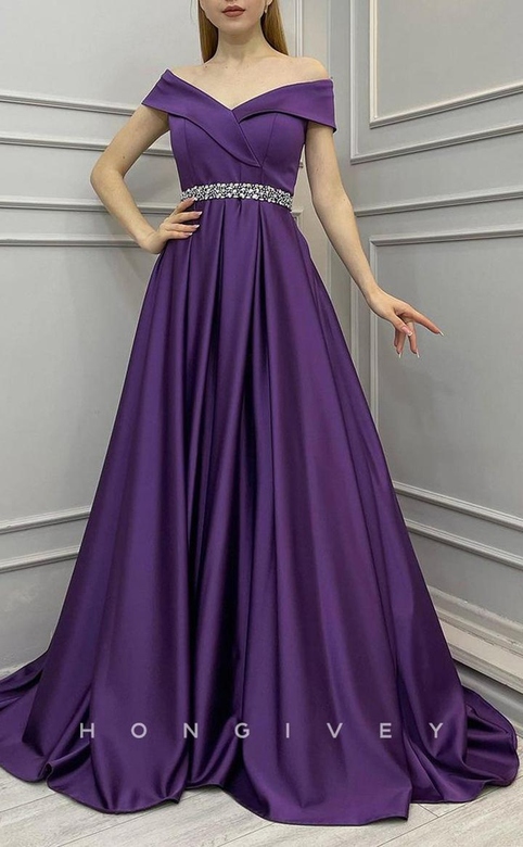 Elegant Satin A-Line Off-Shoulder Beaded Belt Train Prom Gown