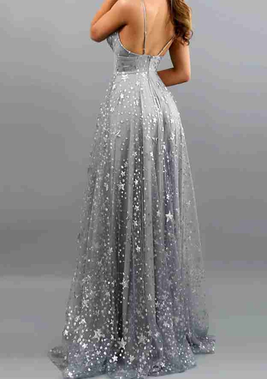 A-Line V-Neck Spaghetti Straps Tulle Prom Dress with Pleated Sequins and Split