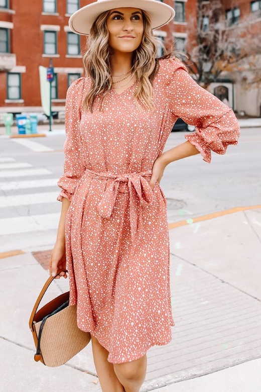 Polka Dot Prints Long Sleeve Tie Waist Dress for Class