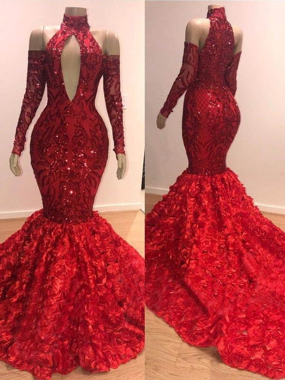 Red Long Sleeves Mermaid Prom Dress with Flowers Bottom