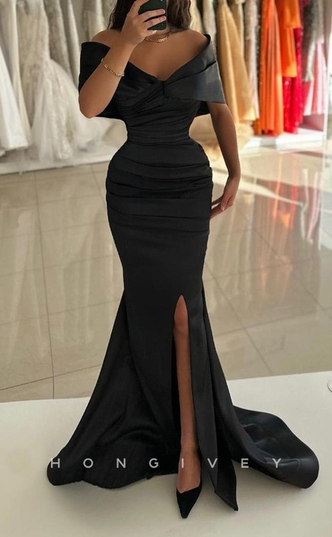 Sophisticated Satin Trumpet Off-Shoulder Ruched Side Slit Train Prom