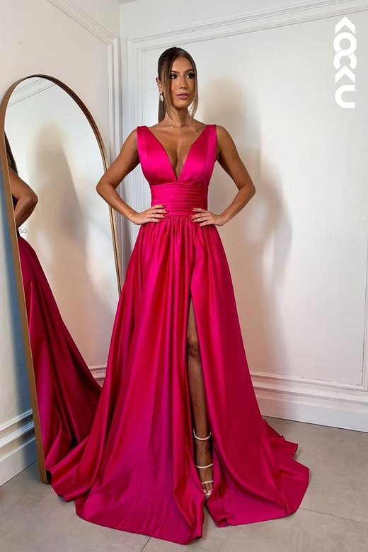 Couture & Ornate V-Neck Sleeveless A-Line Side Slit Formal Gown