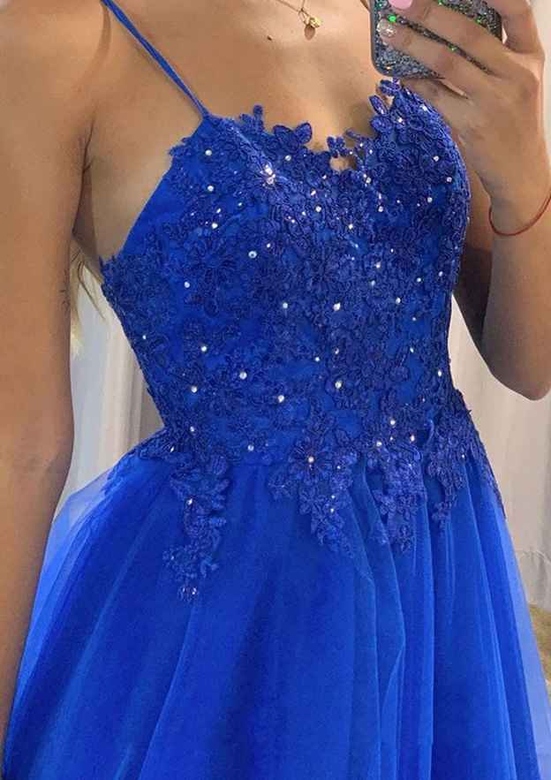 A-Line Sweetheart Spaghetti Straps Long Prom Dress with Beaded Appliques