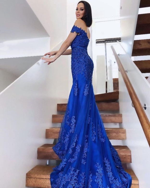 Royal Blue Lace Off-the-Shoulder Long Mermaid Prom Dress