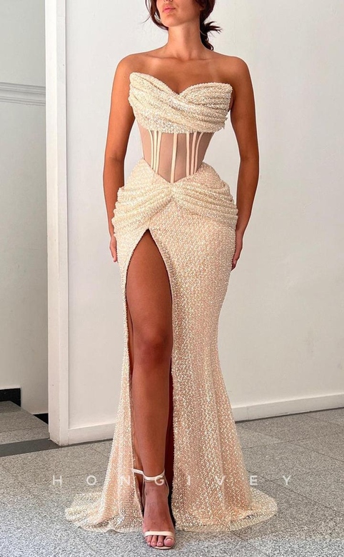 Sexy Fitted Glitter Illusion Asymmetrical Strapless Pleats Side Slit Gown