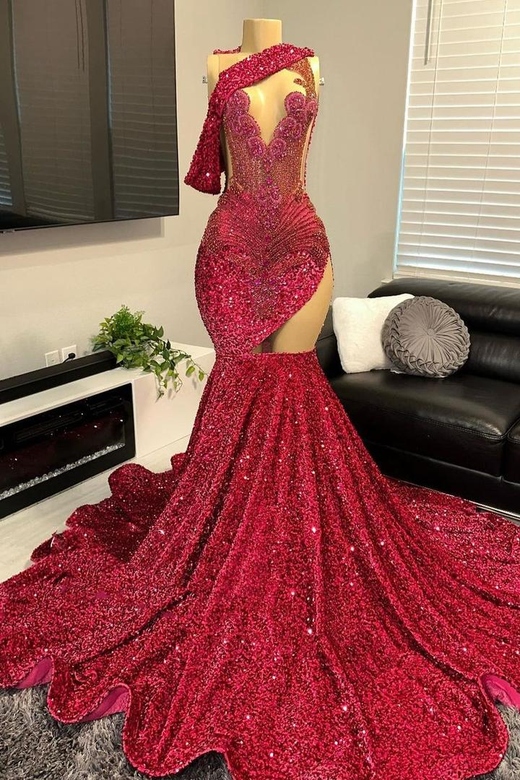 Glamorous One Shoulder Burgundy Sequined Prom with Cutouts