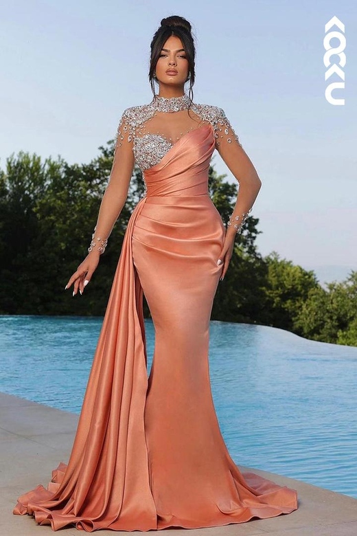 Charming High-Neck Ruched Rhinestone Mermaid Prom Party Dress