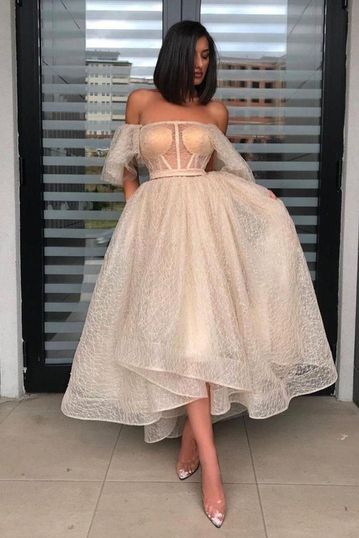 Chic Off-the-Shoulder Sequins Lace Short Prom Dress