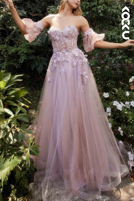 Sweetheart Strapless Appliqued Sheer Tulle A-Line Long Prom Gown