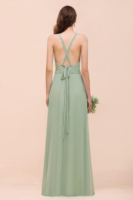 Glamorous Dusty Sage V-Neck Straps Affordable Bridesmaid Gowns