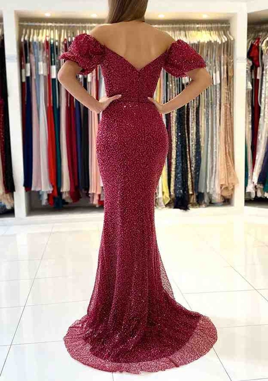 Modern Sequins Trumpet/Mermaid Off-the-Shoulder Short Sleeve Prom Dress