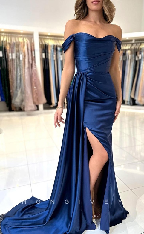 Couture Simple Ruched With Train And Slit Evening Prom Formal Party Gown