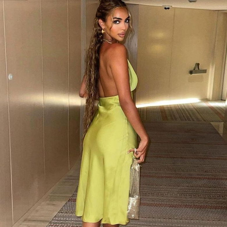 Glossy Backless Pleated Halter V-Neck Cocktail Midi Dress in Green for Fresh Glamour