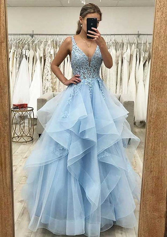 A-Line V-Neck Sleeveless Tulle Satin Prom Dress with Laced Applique