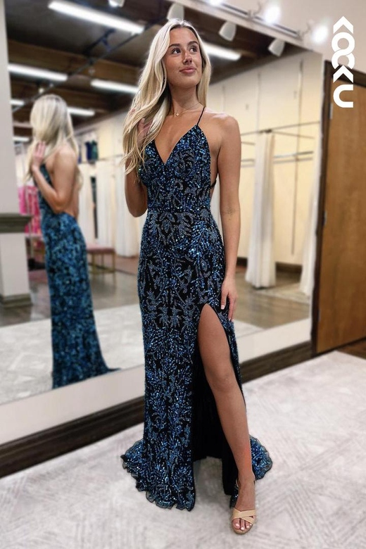 Couture & Ornate Spaghetti Straps V-Neck Sequins Side Slit Formal Gown