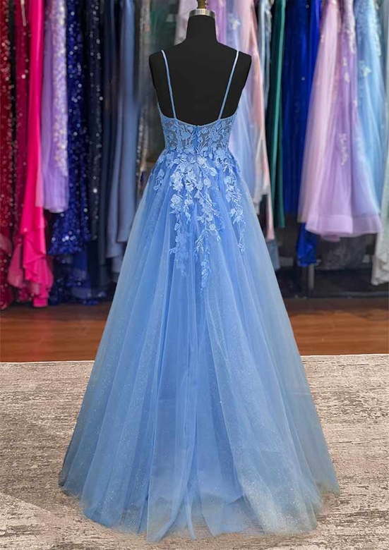 A-Line Beautiful Sleeveless Tulle Long Prom Dress with Appliqued Details