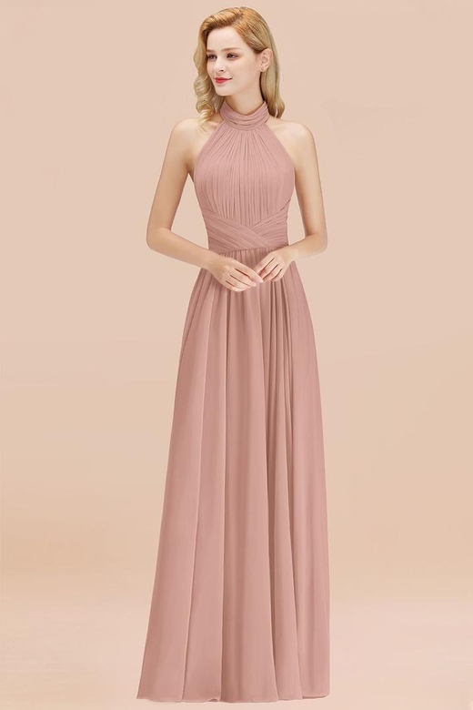 Gorgeous High-Neck Halter Backless Dusty Rose Chiffon Bridesmaid Dress