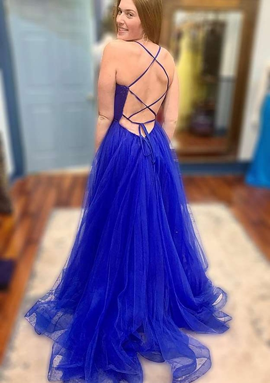 A-Line V-Neck Spaghetti Straps Tulle Prom Dress with Split and Court Train