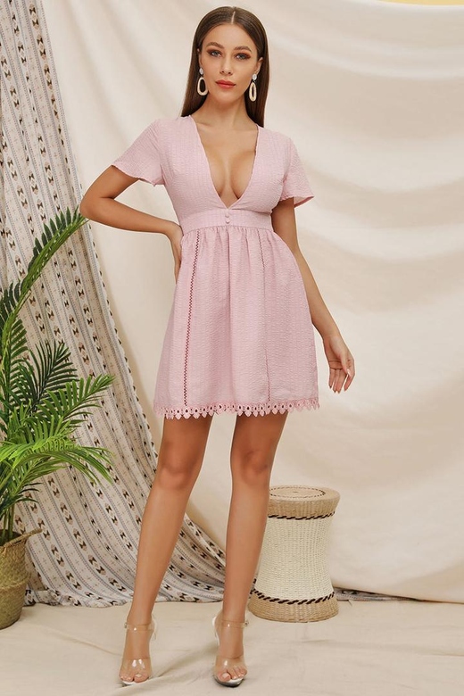 Pink Deep V-Neck Lace Panel Short Dress for Feminine Elegance