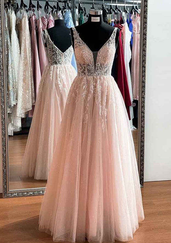 A-Line V-Neck Sleeveless Long Prom Dress with Glitter Appliques