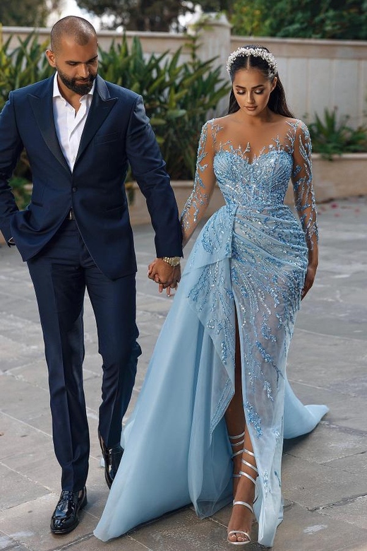 Long Sleeves Sky Blue Mermaid Tulle Prom Dress with Beadings and Slit