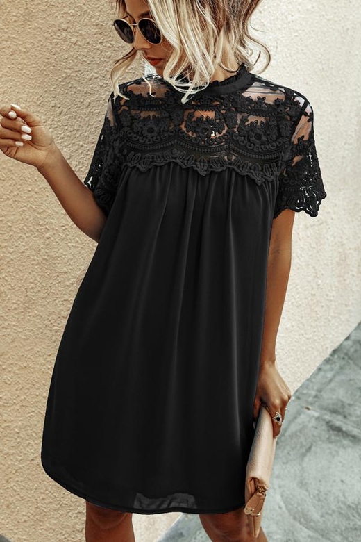 Chiffon Lace Solid Mini Dress