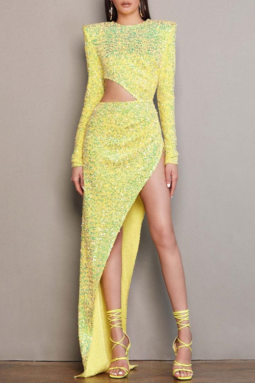 Asymmetrical Yellow Split Side Cutout Velvet Sequin