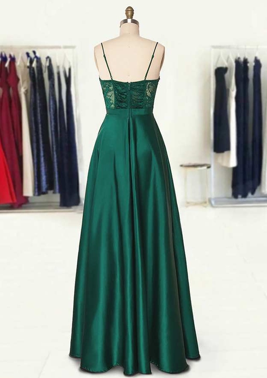 A-Line Sweetheart Spaghetti Straps Satin Prom Dress with Appliqued Pockets