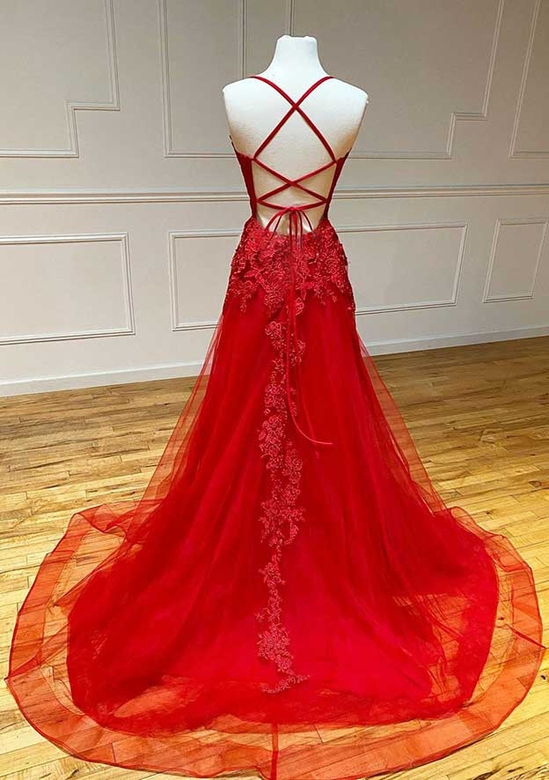 A-Line Square Neckline Spaghetti Straps Tulle Prom Dress with Appliqued Beading