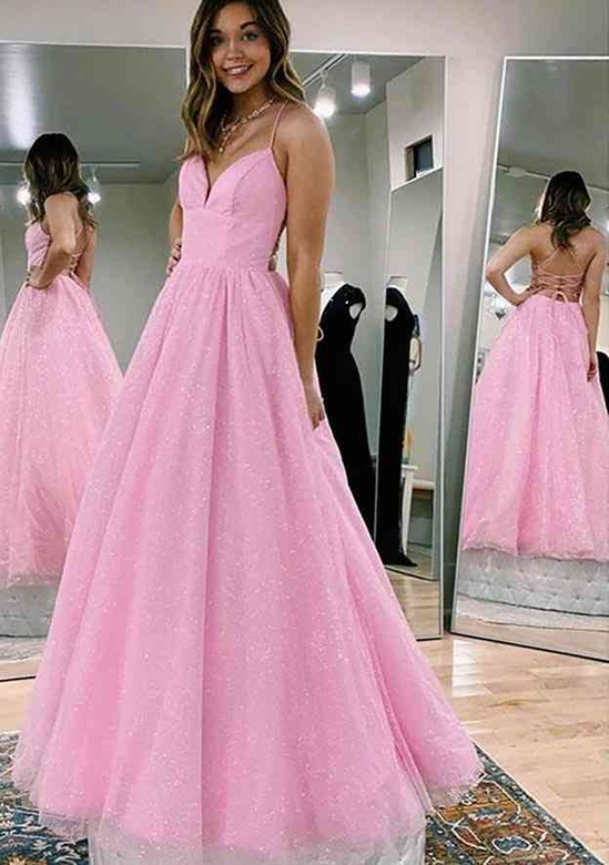 Princess A-Line V-Neck Spaghetti Strap Tulle Glitter Prom Dress