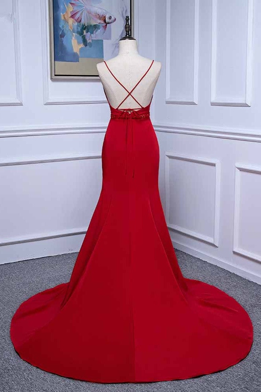 Elegant V-Neck Burgundy Spaghetti Straps Beadings Sash Prom Dress